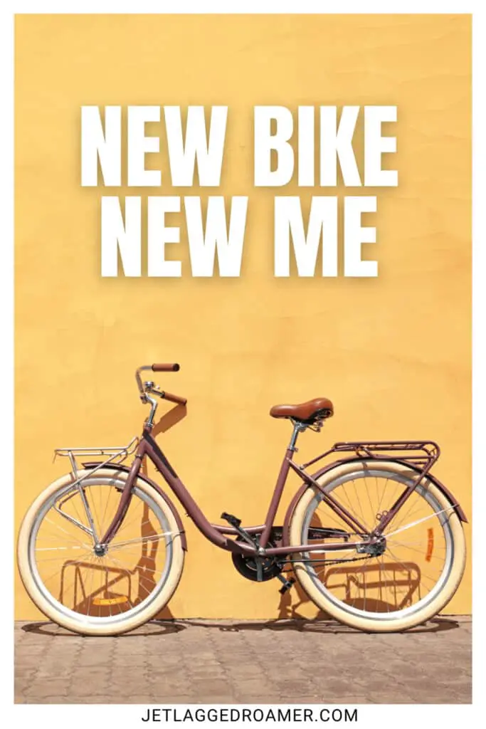 Bike ride captions photo of a beach cruiser bicycle. Caption says "new bike new me."