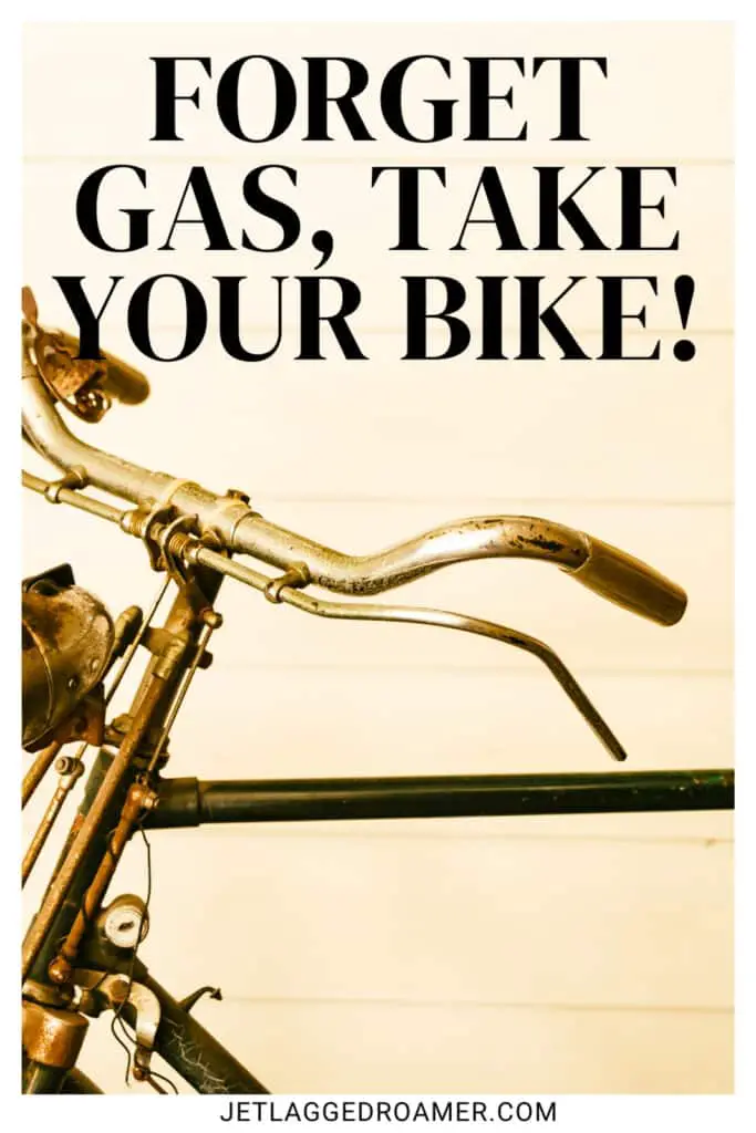 Captions for bike riders photo of a bicycle. Bike photo caption says "forget gas, take your bike."