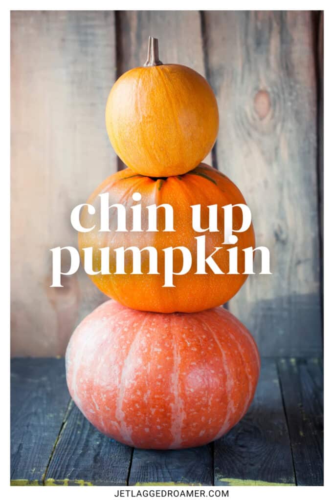 Photo for Pumpkin patch captions for Instagram. Caption says "chin up pumpkin." Pumpkins stacked on top of one another. 