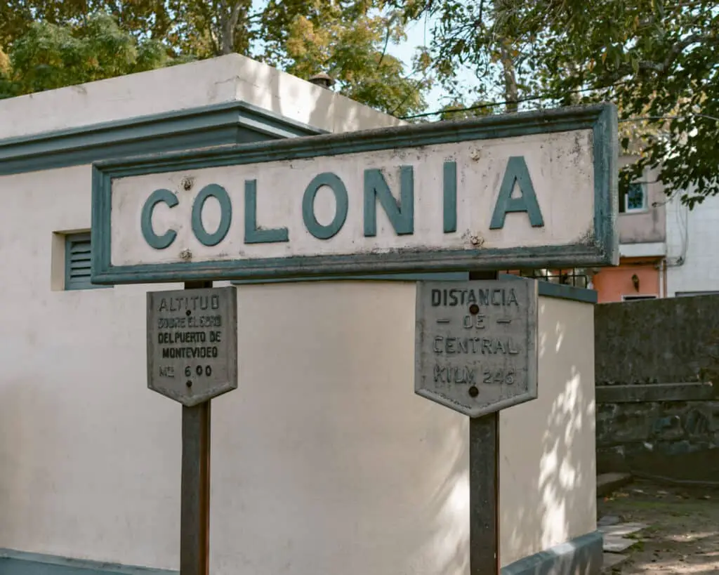 Sign that says Colonia at the train station in Colonia del Sacramento, Uruguay. 