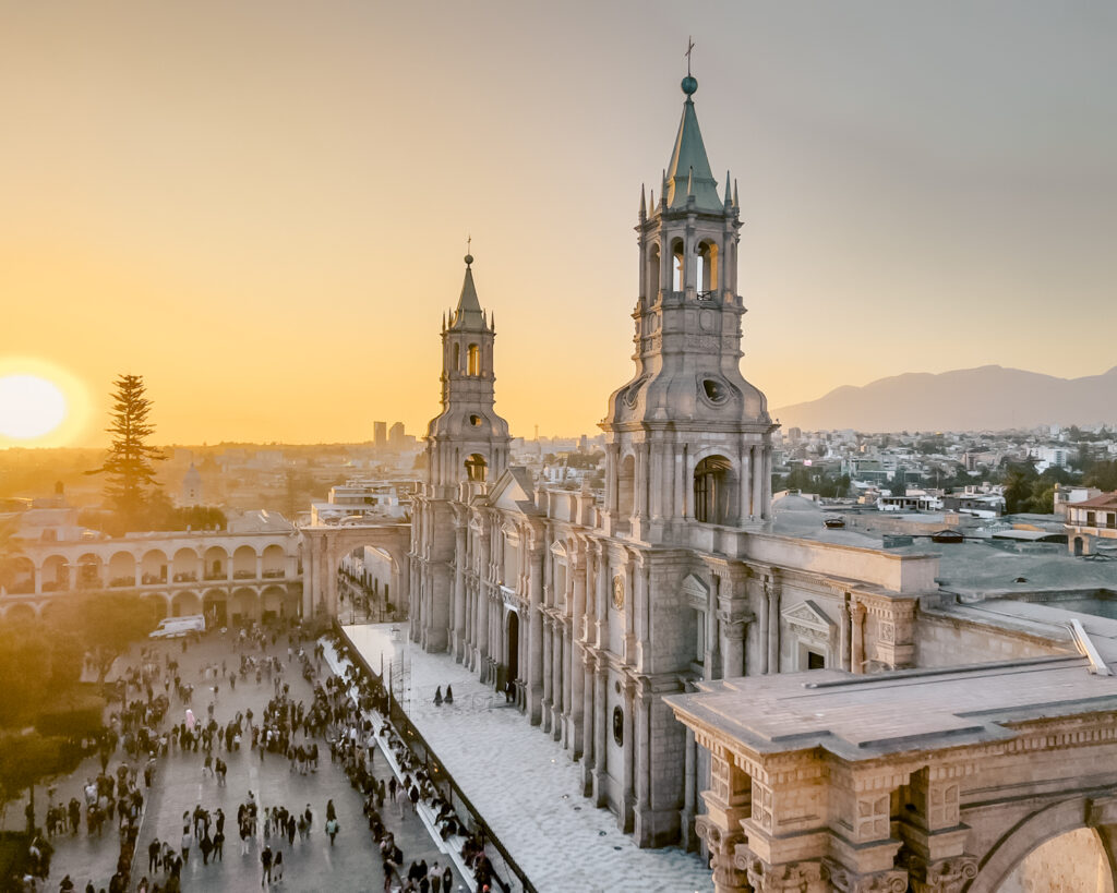 Arequipa, Peru square during dusk. One of the best cities in South America to visit.