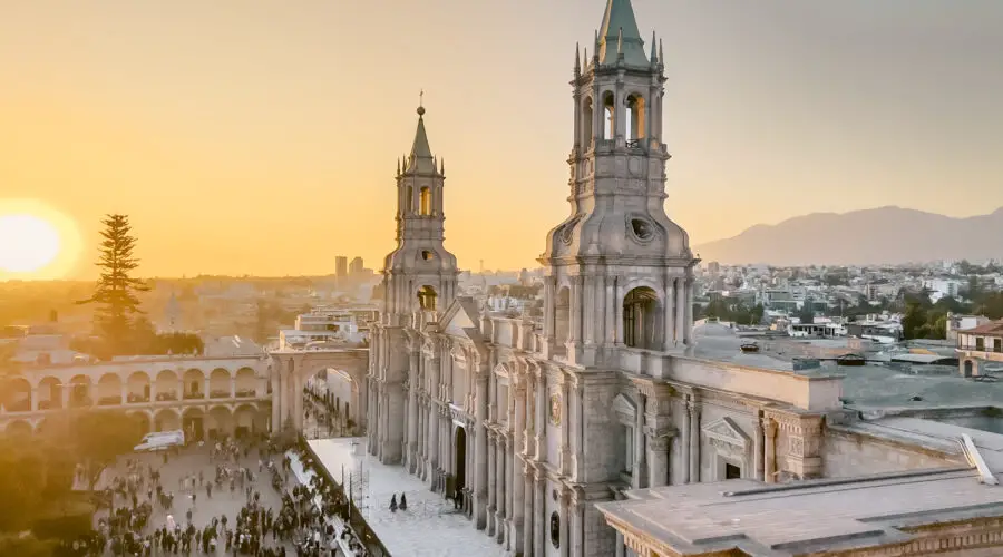 Arequipa, Peru square during dusk. One of the best cities in South America to visit.