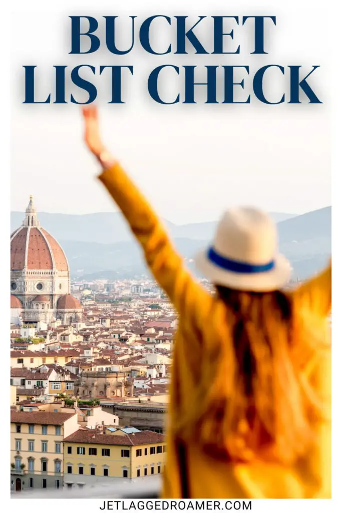 Woman alone in Florence.   Another one of the bucket list done captions for Instagram that says bucket list check. 