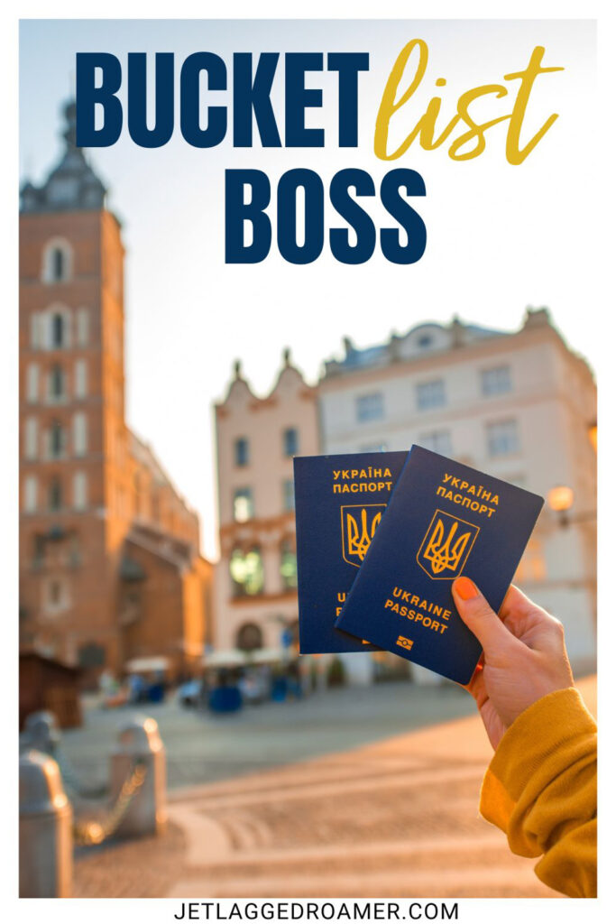 Bucket list quote that says bucket list boss. Passports in Europe. 