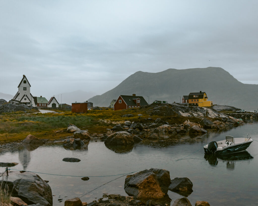 An off the path travel destination Nanortalik, Greenland on a foggy day. 