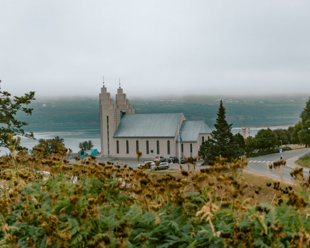 Akureyri, Iceland on a foggy day. 